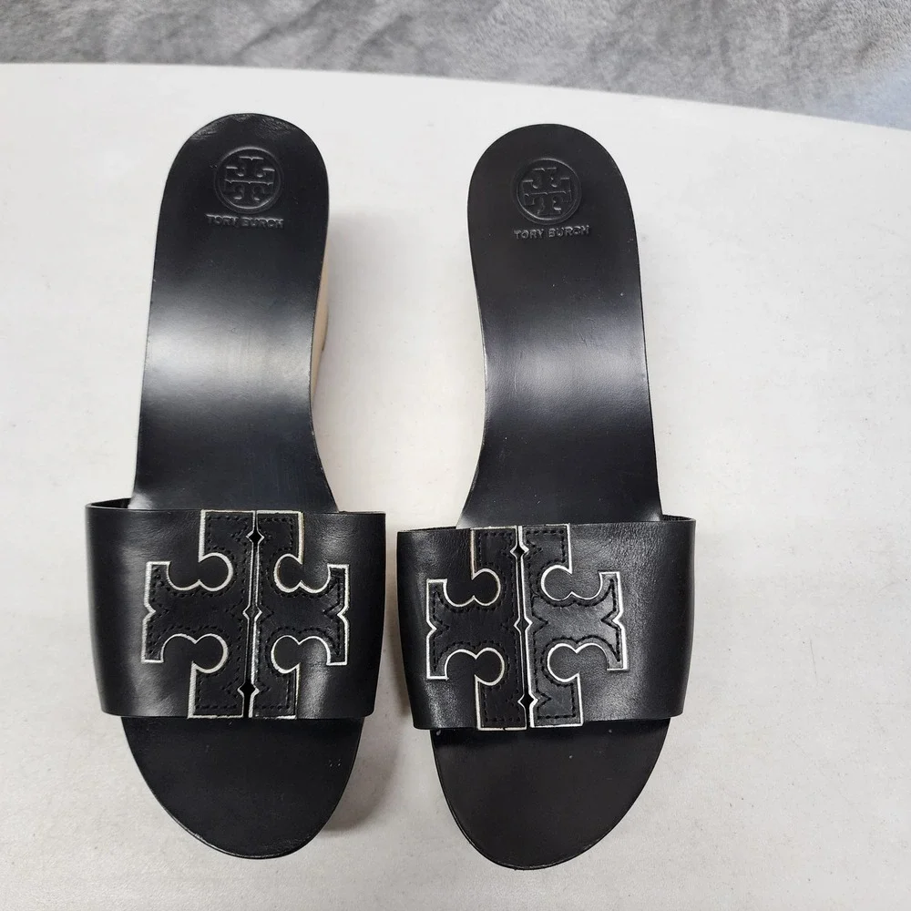 Tory Burch Ines Sandals Womens Size 9.5 Black Leather Wooden Wedge Platform